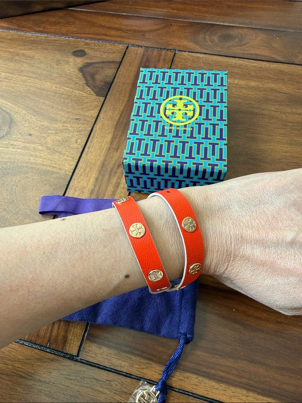 Tory Burch Reversible Double Wrap Leather Logo Stud Bracelet Orange Blue w/ Box